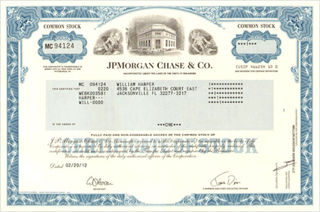 «JPMorgan Chase & Co. stock certificate»